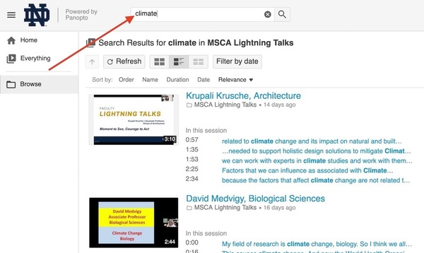 a screenshot showing the first two results of a search for the word climate in the lightning talks video folder