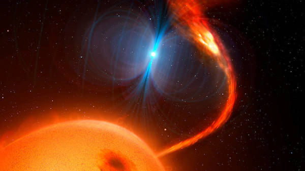 An illustration of a fast-spinning, magnetic white dwarf rejecting the donor gas in the cataclysmic variable known as J0240. (Credit: Dr. Mark Garlick)