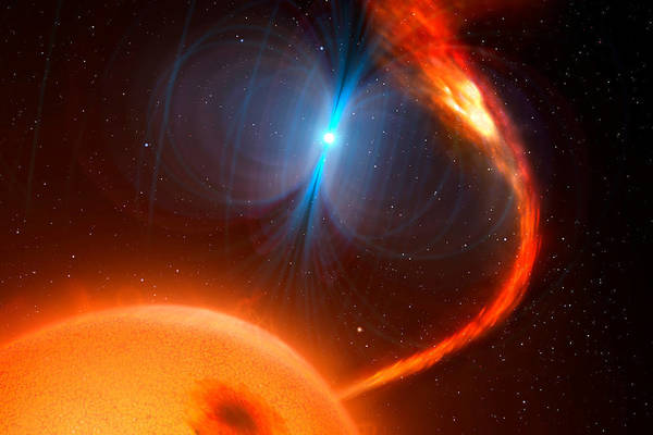 An illustration of a fast-spinning, magnetic white dwarf rejecting the donor gas in the cataclysmic variable known as J0240. (Credit: Dr. Mark Garlick)